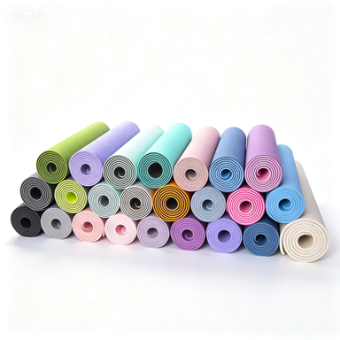 Colorful rolled yoga mats arranged for wholesale selection for AICO Yoga OEM and private label programs.