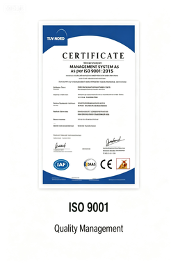 Certificate document labeled ISO 9001 quality management shown in the AICO Yoga compliance section for buyer reference.