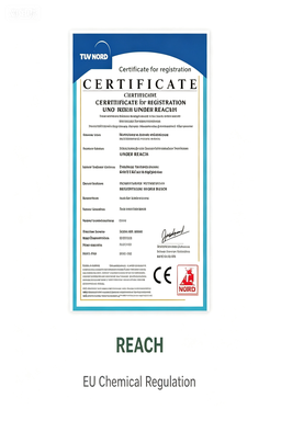 Certificate document labeled REACH chemical regulation shown in the AICO Yoga compliance section for buyer reference.