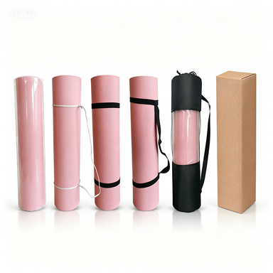 Rolled yoga mats with carry straps and retail packaging for AICO Yoga OEM and private label programs.