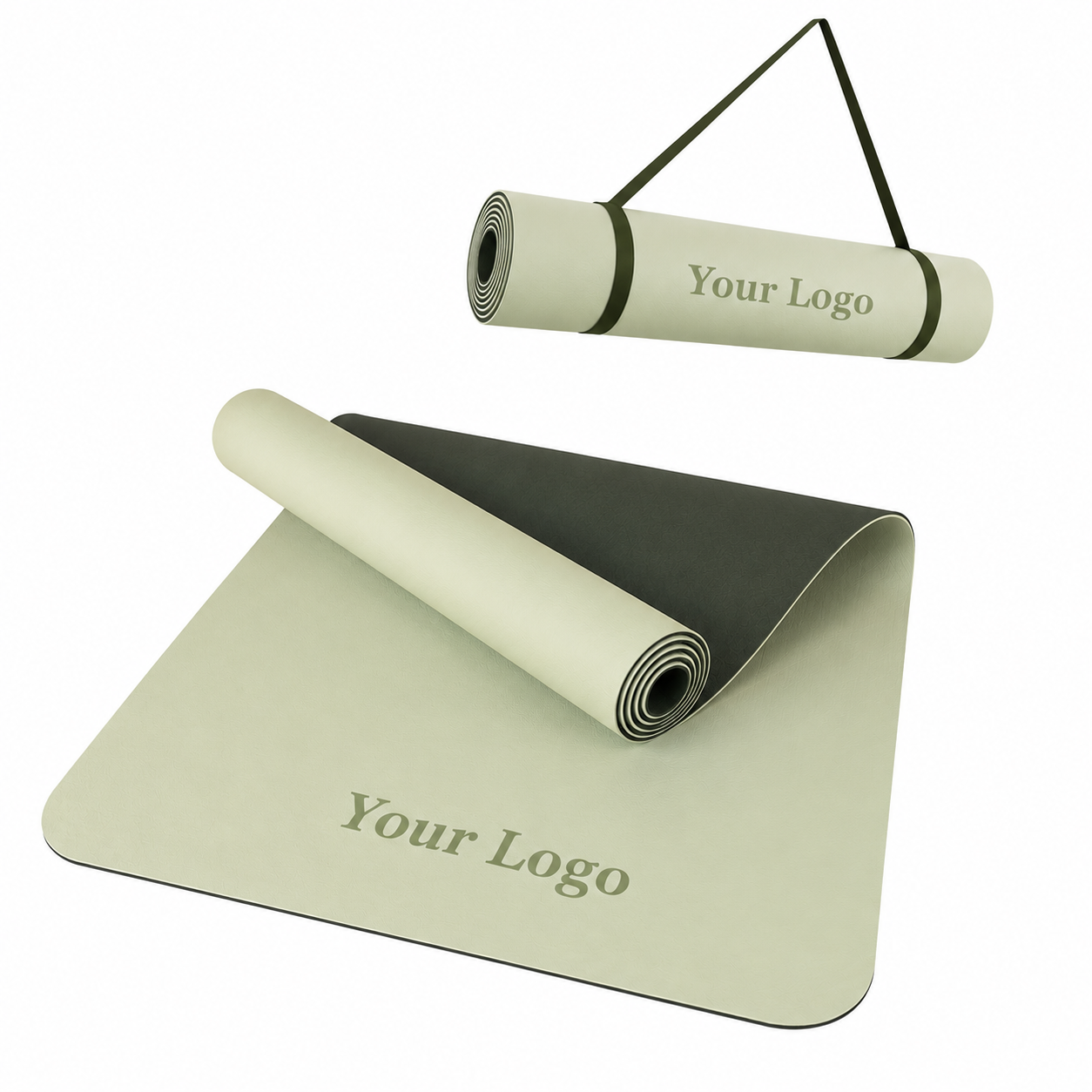 Green yoga mats with custom logo and carrying strap options for AICO Yoga OEM and private label programs.