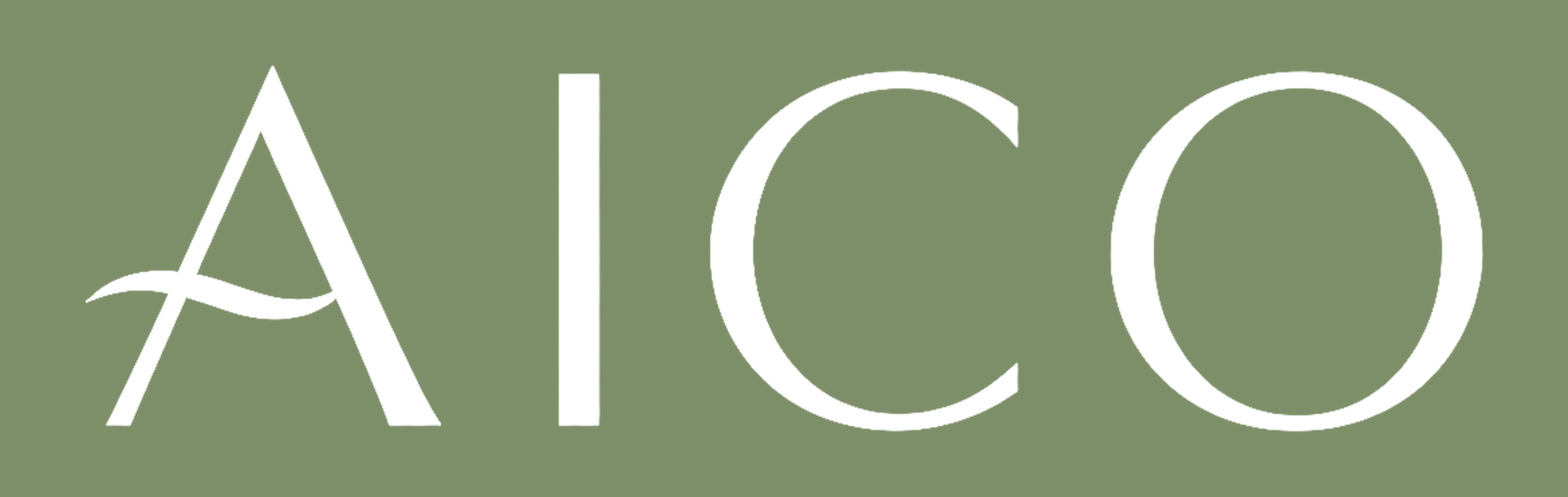 AICO wordmark on an olive green background used across the AICO Yoga international manufacturer website.