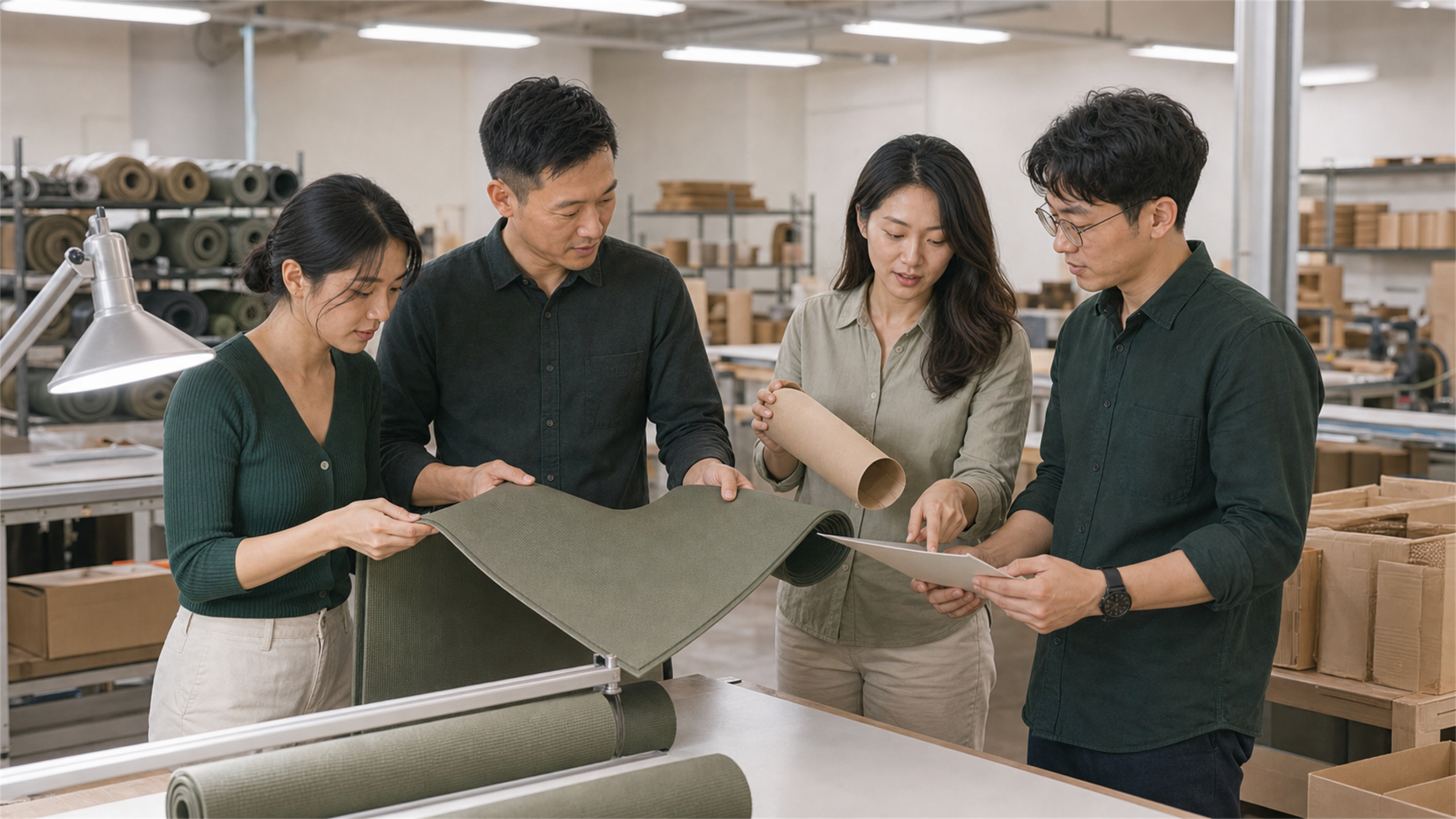 AICO Yoga factory team inspecting yoga mat material on the production floor for OEM and ODM manufacturing.