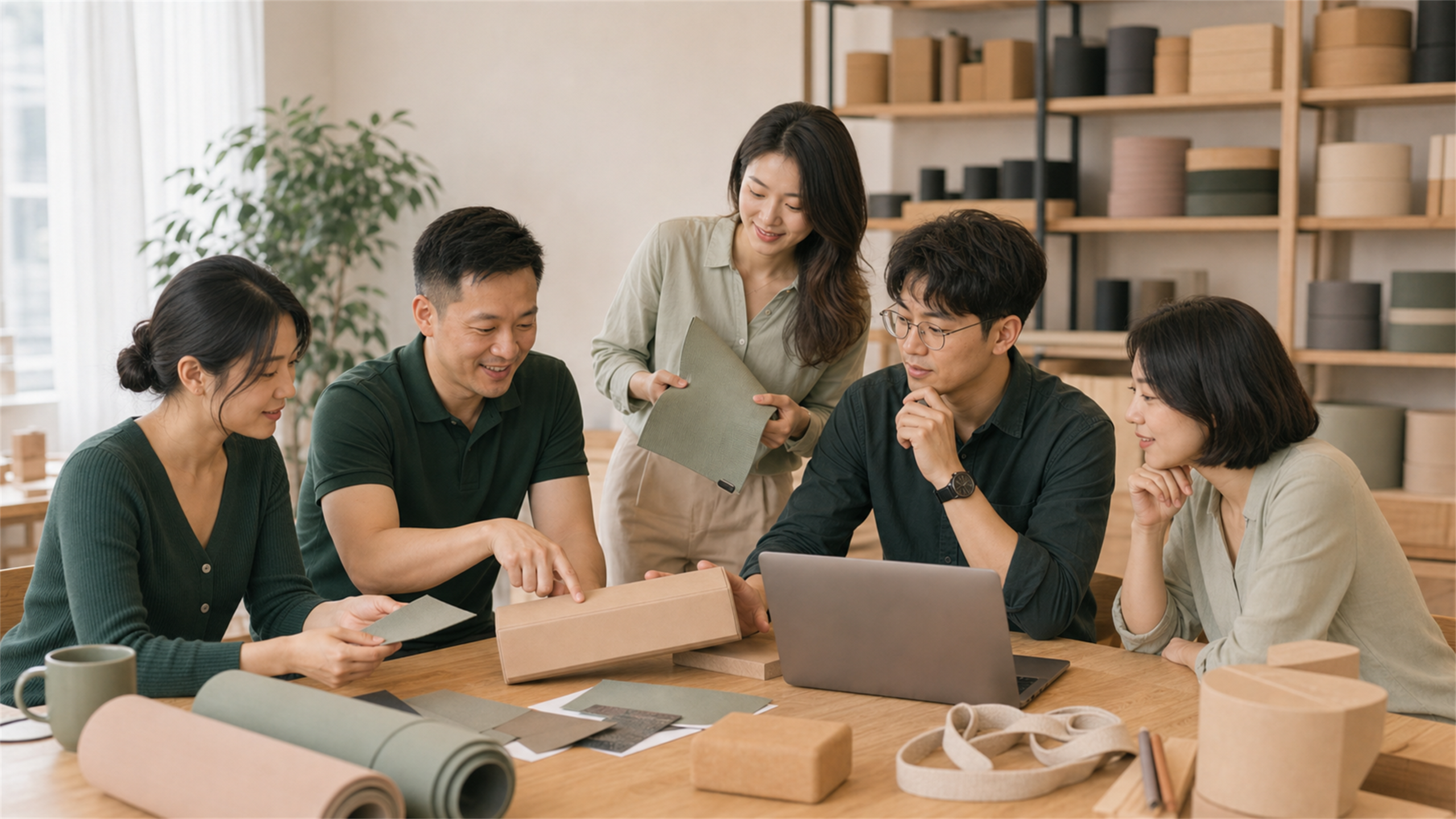 AICO Yoga product team discussing packaging and material samples supporting AICO Yoga OEM product development.
