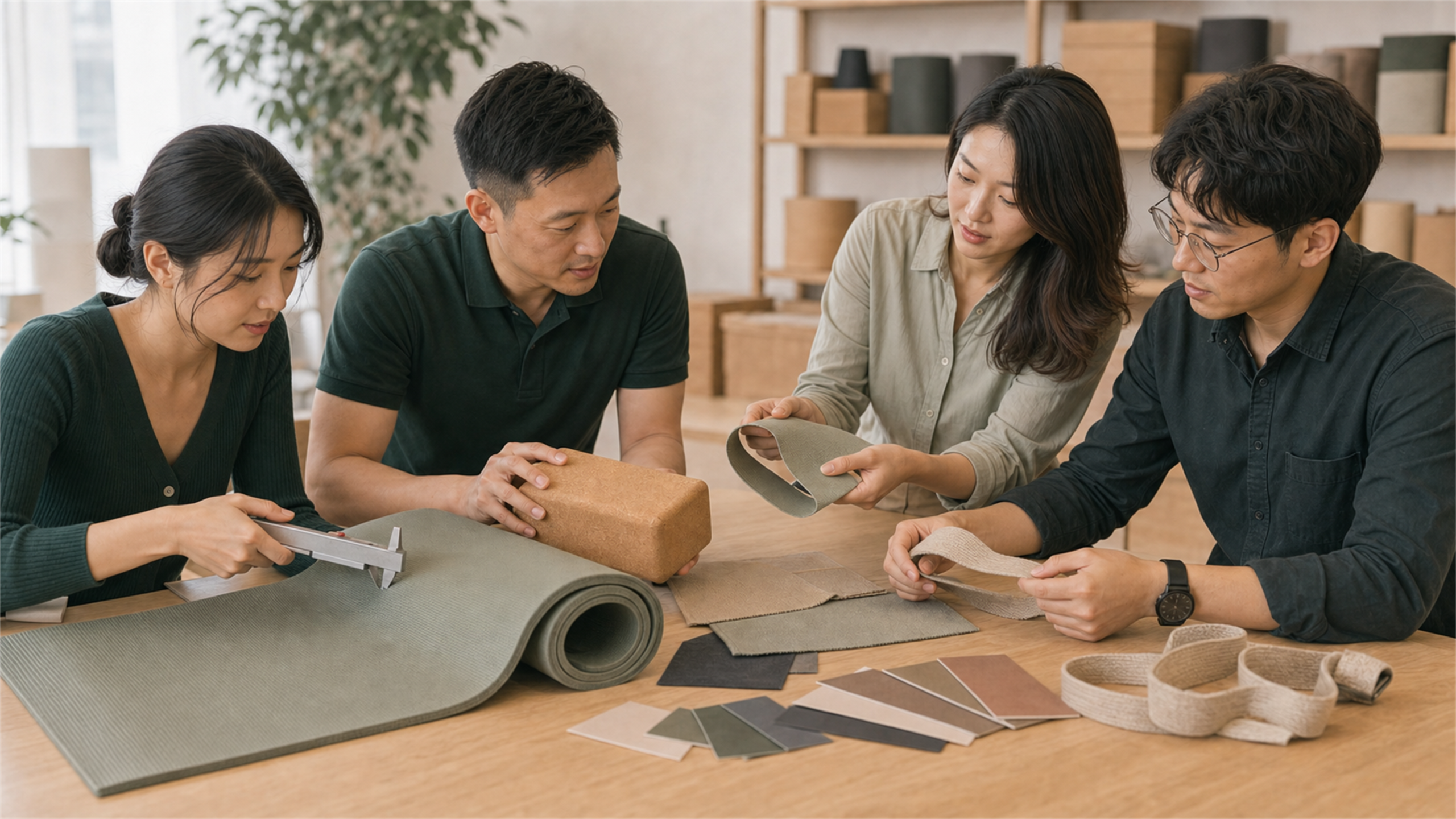 AICO Yoga team reviewing yoga mat samples and materials supporting AICO Yoga OEM product development.