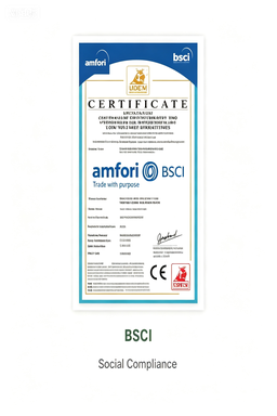 Certificate document labeled BSCI social compliance shown in the AICO Yoga compliance section for buyer reference.