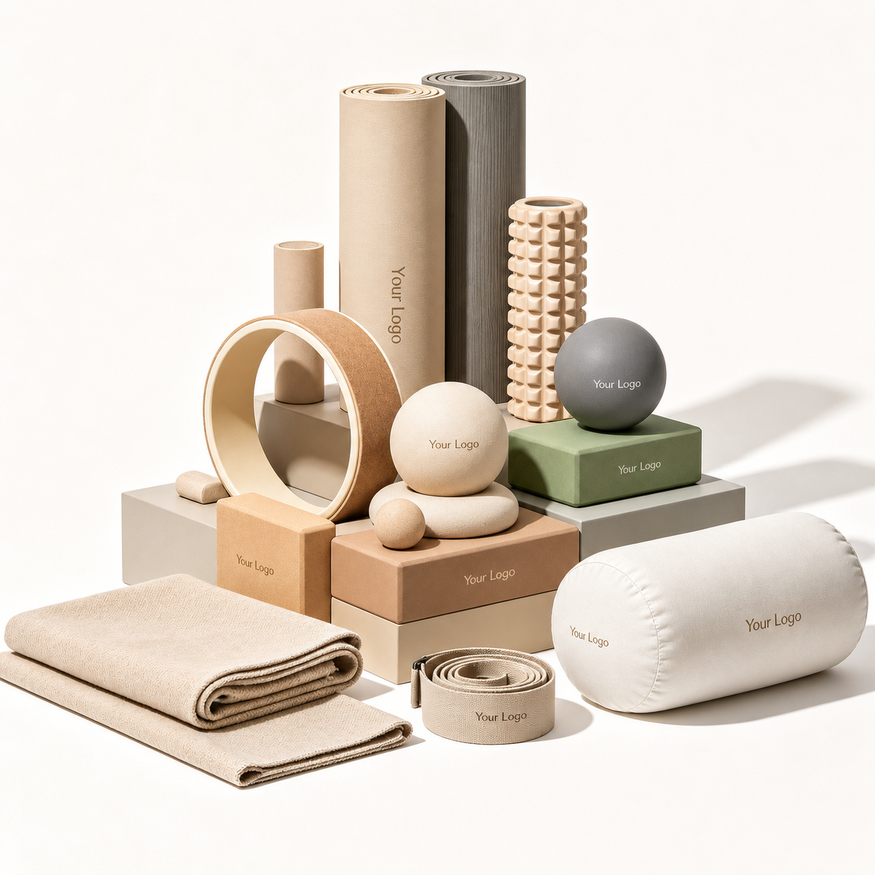 Yoga and Pilates props arranged in a premium neutral display for AICO Yoga OEM and private label Pilates programs.
