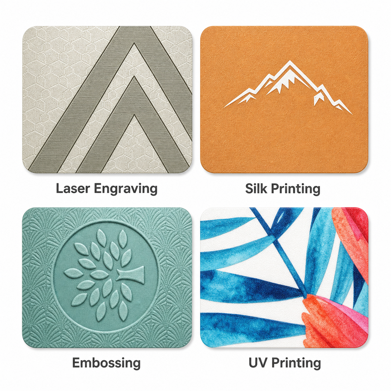 Yoga mat logo methods including engraving, printing and embossing for AICO Yoga OEM product customization.