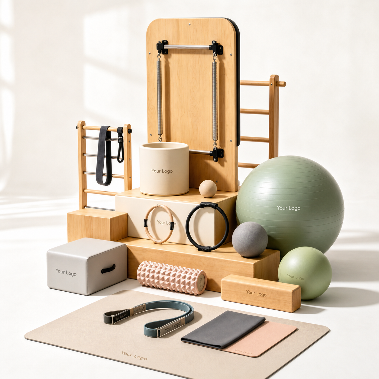 Pilates equipment and accessories displayed for AICO Yoga OEM and private label manufacturing programs.