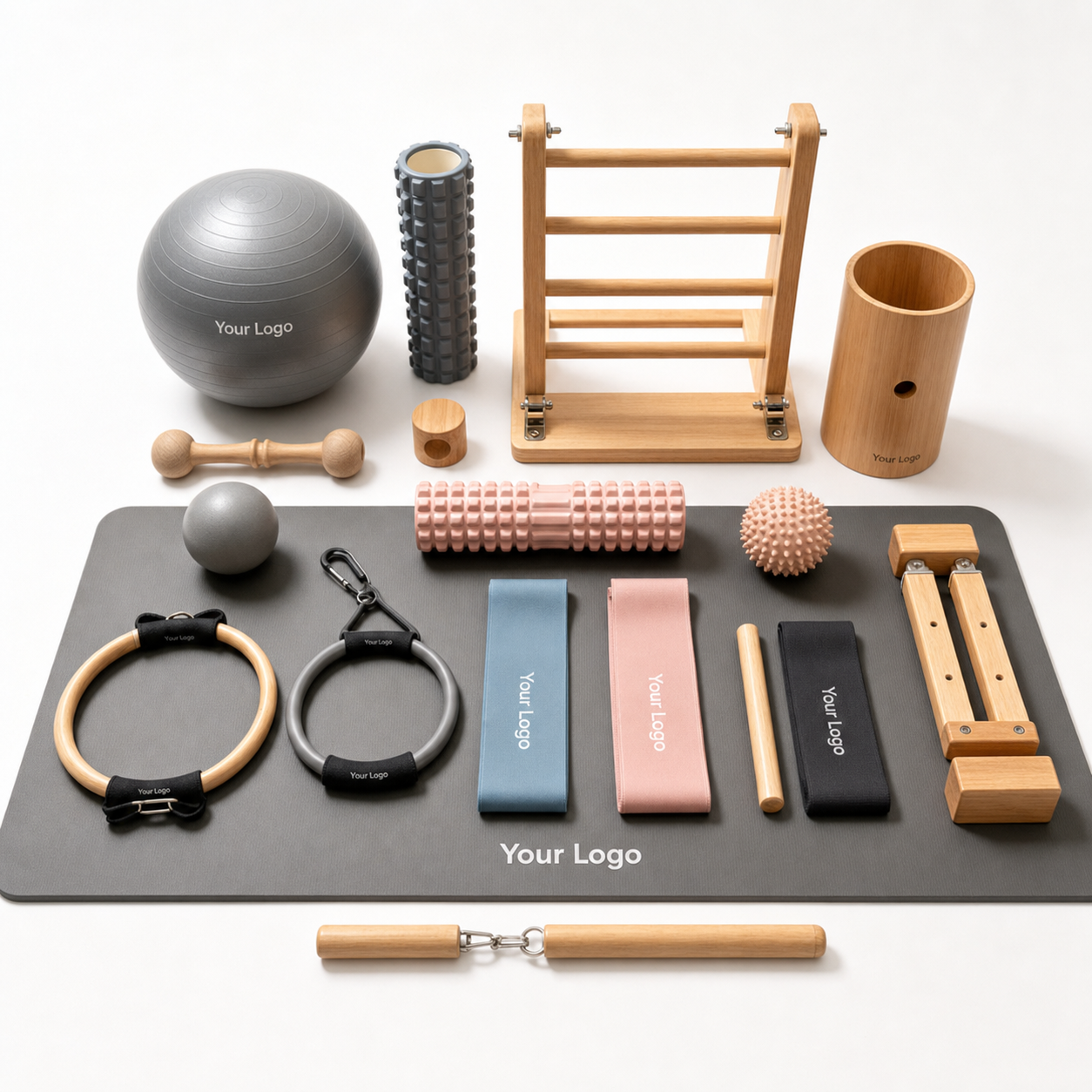 Pilates and mobility accessories arranged for private label branding for AICO Yoga OEM and private label programs.