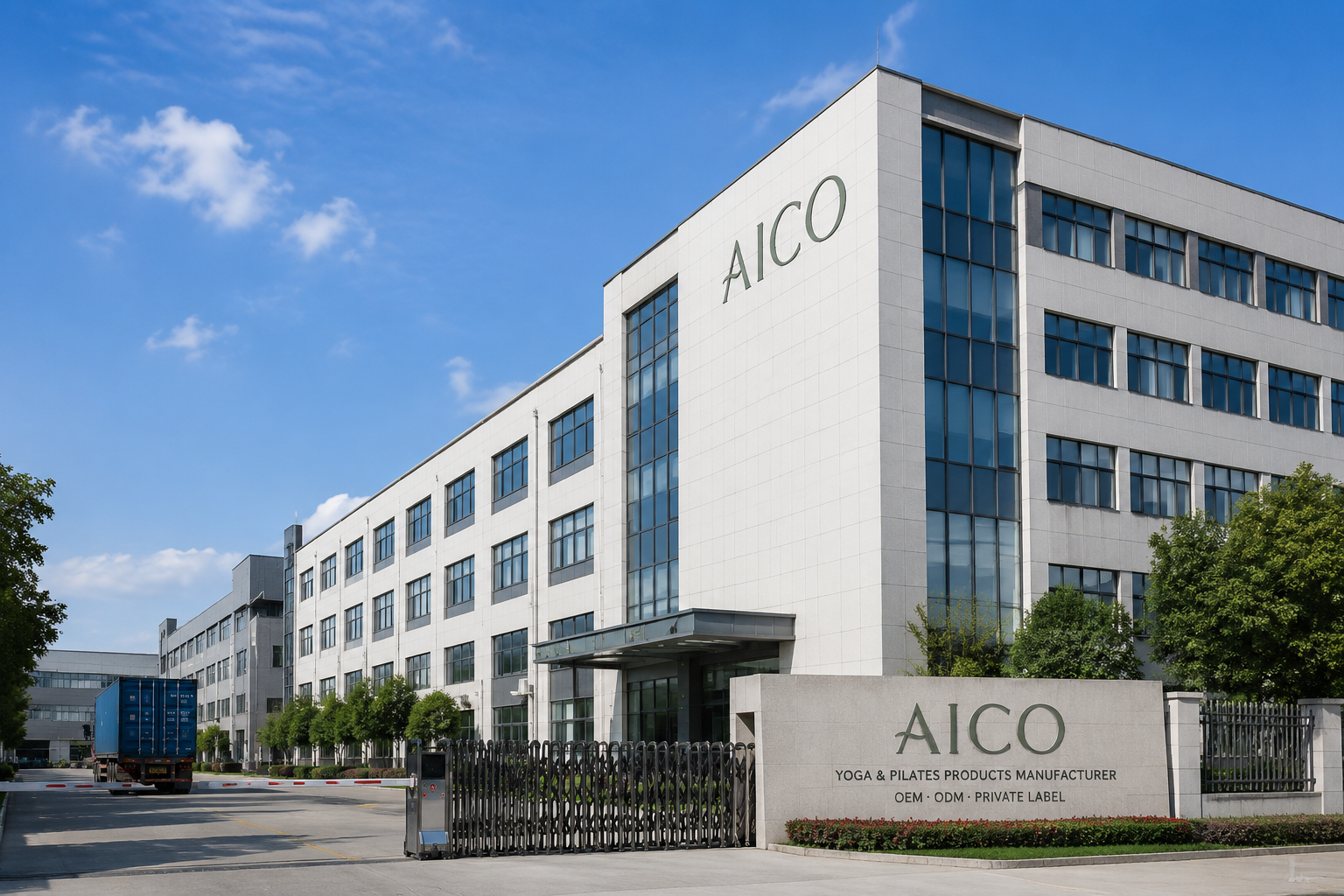 AICO Yoga aico factory building exterior under a clear blue sky for OEM and ODM manufacturing.