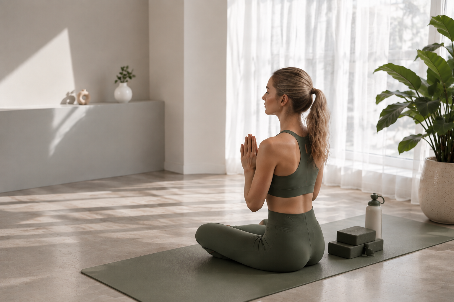 Woman meditating on a green yoga mat in a bright studio for AICO Yoga custom yoga product marketing.