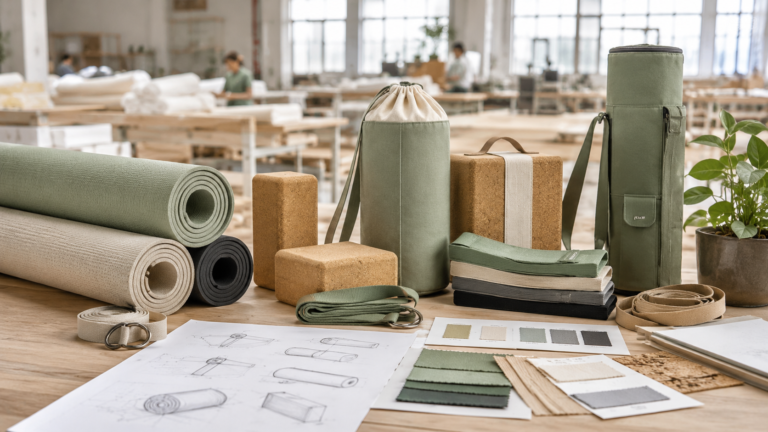Custom yoga mats and material samples displayed on a product development table for AICO Yoga OEM product customization.