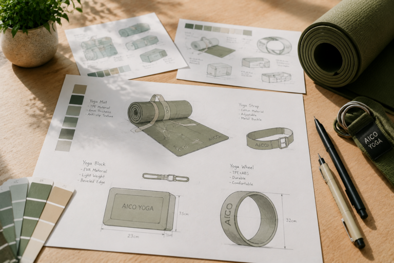 Yoga product development sketches with material and color samples for AICO Yoga OEM product customization.