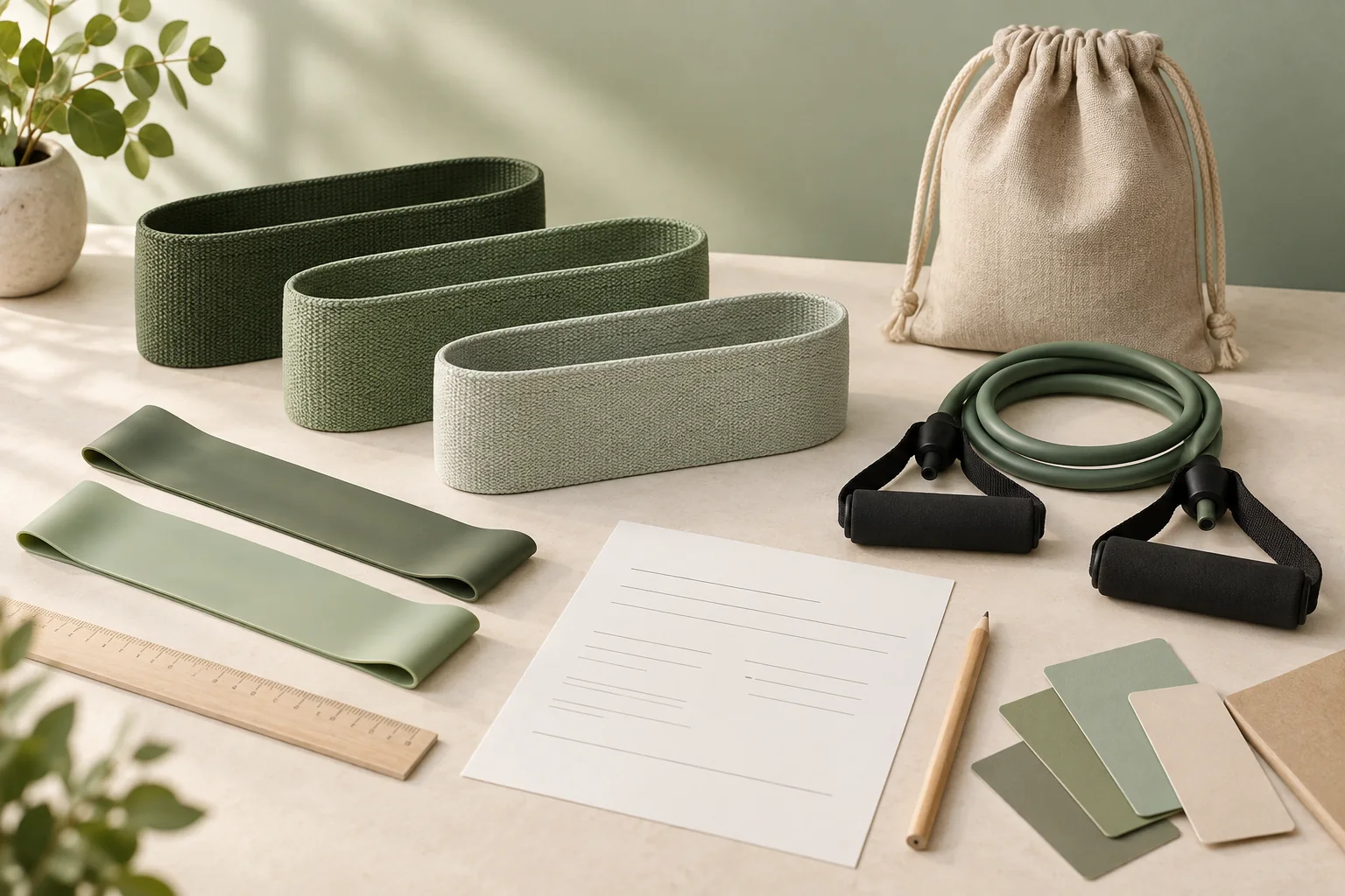 Fabric loop bands, flat bands and a resistance tube arranged with a specification sheet and color samples.