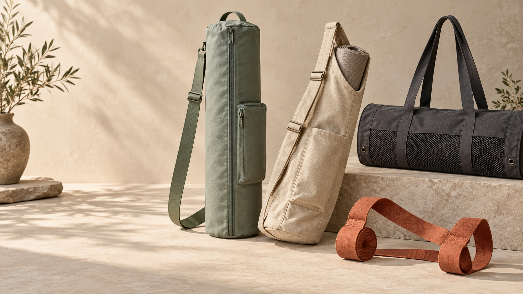 Custom yoga bags and mat carriers in canvas and polyester styles for private label product sourcing.