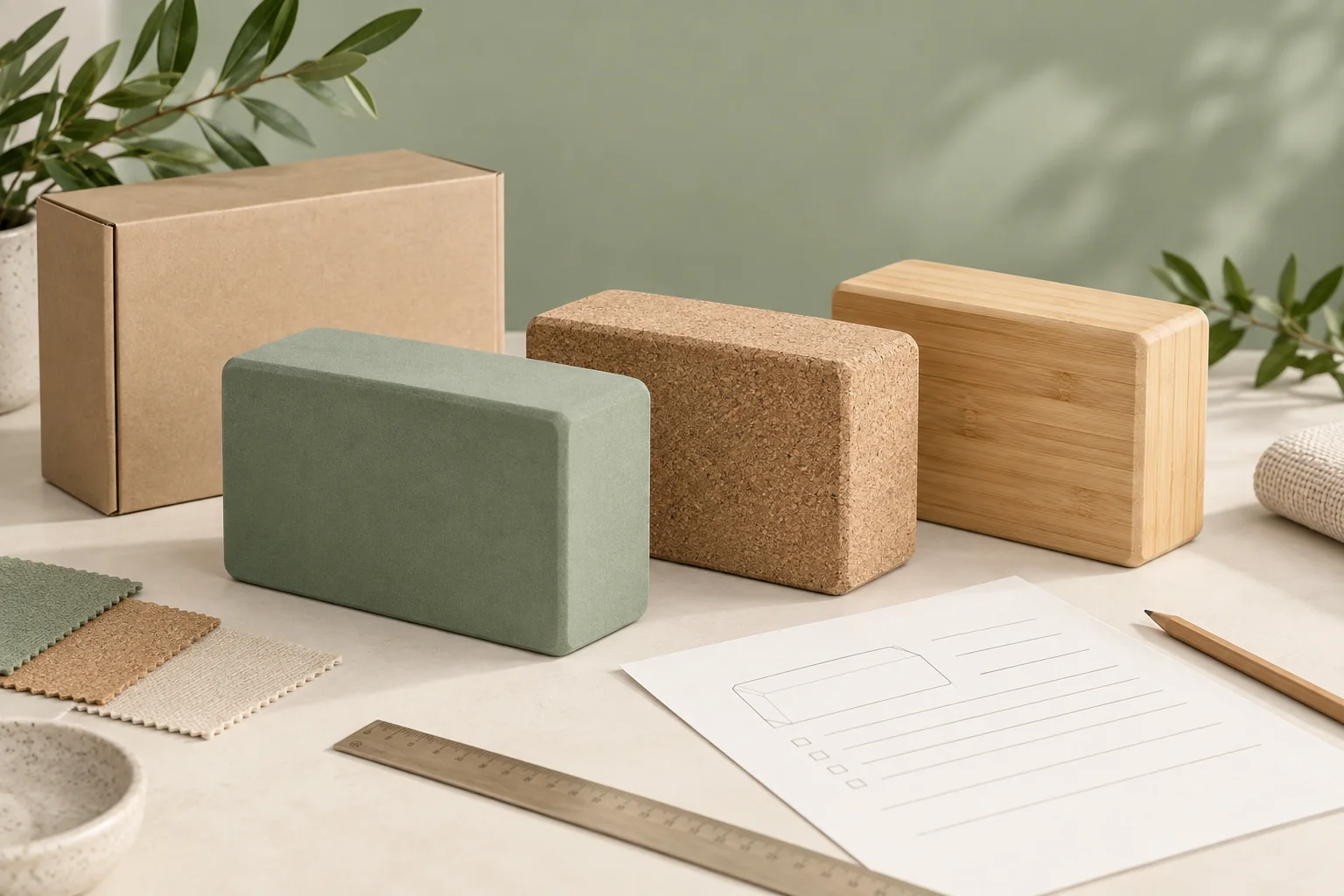 Sage EVA, cork and bamboo yoga blocks displayed with kraft packaging and material samples on an ivory surface.
