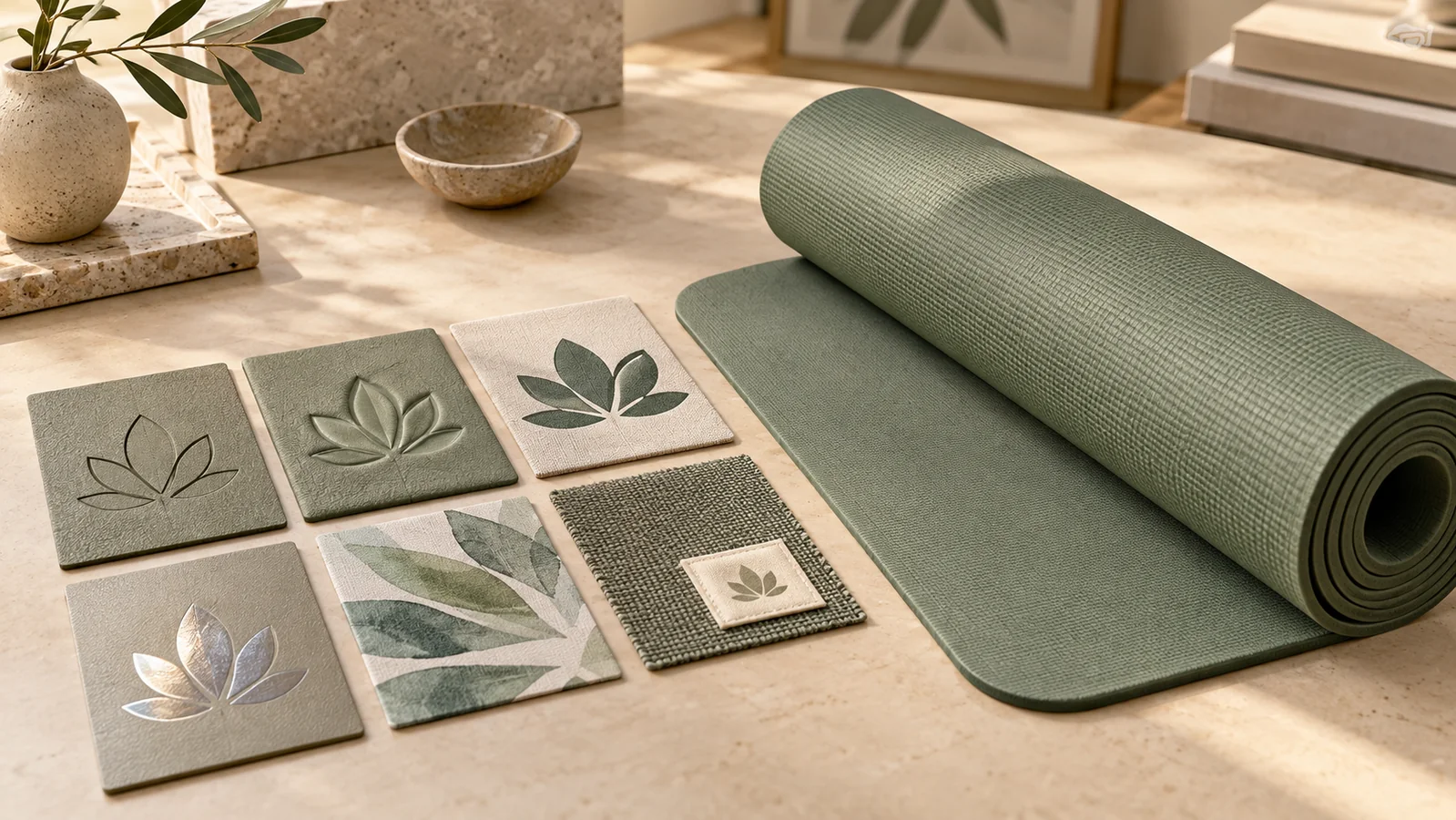 Sage yoga mat with six logo application samples for private label yoga mat branding decisions.
