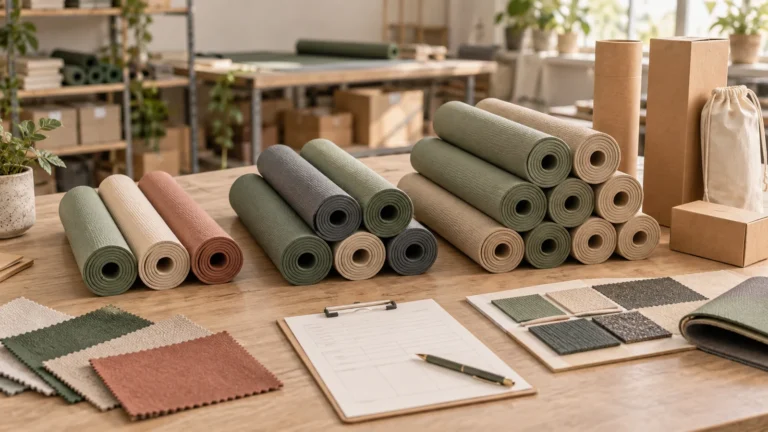 Rolled yoga mats grouped by production quantity with material swatches for private label MOQ planning.