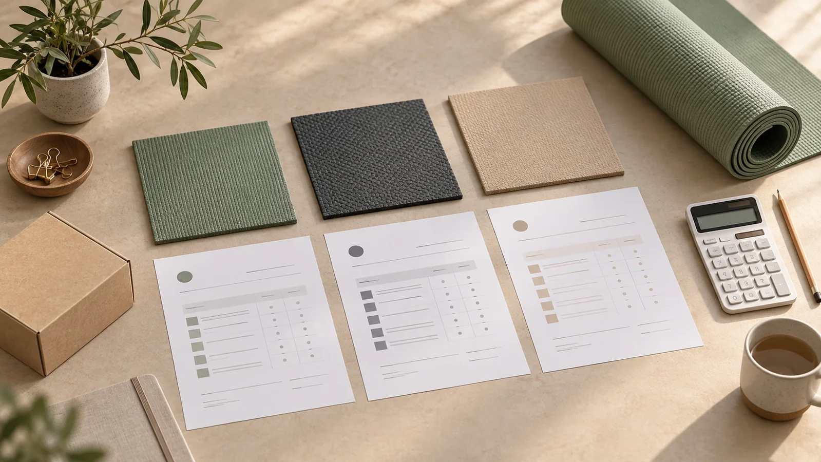 Yoga mat material samples beside quotation sheets, a calculator and kraft packaging on a neutral desk.