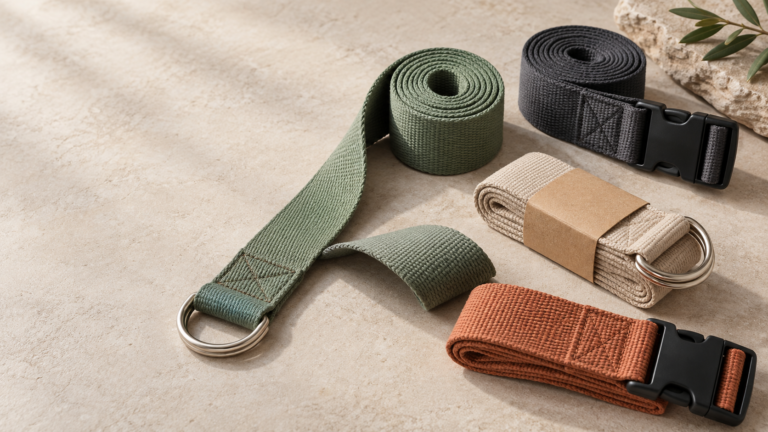 Custom yoga straps in cotton webbing with D-ring and quick-release buckle options for private label sourcing.