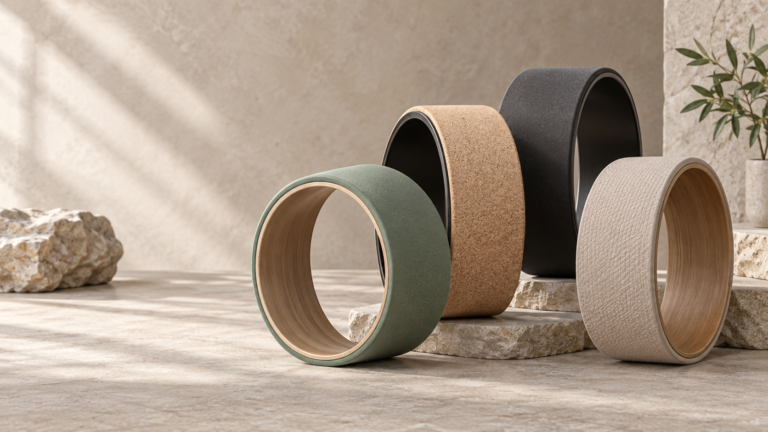 Custom yoga wheels with EVA, cork and PU-style surfaces arranged for private label product sourcing.
