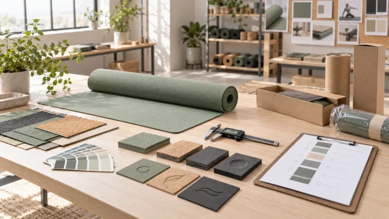 Sage yoga mat and production samples arranged for an OEM material, branding and packaging approval process.