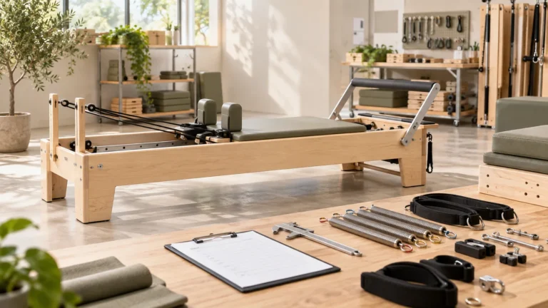 Wooden Pilates reformer and components arranged for OEM equipment supplier quality evaluation.