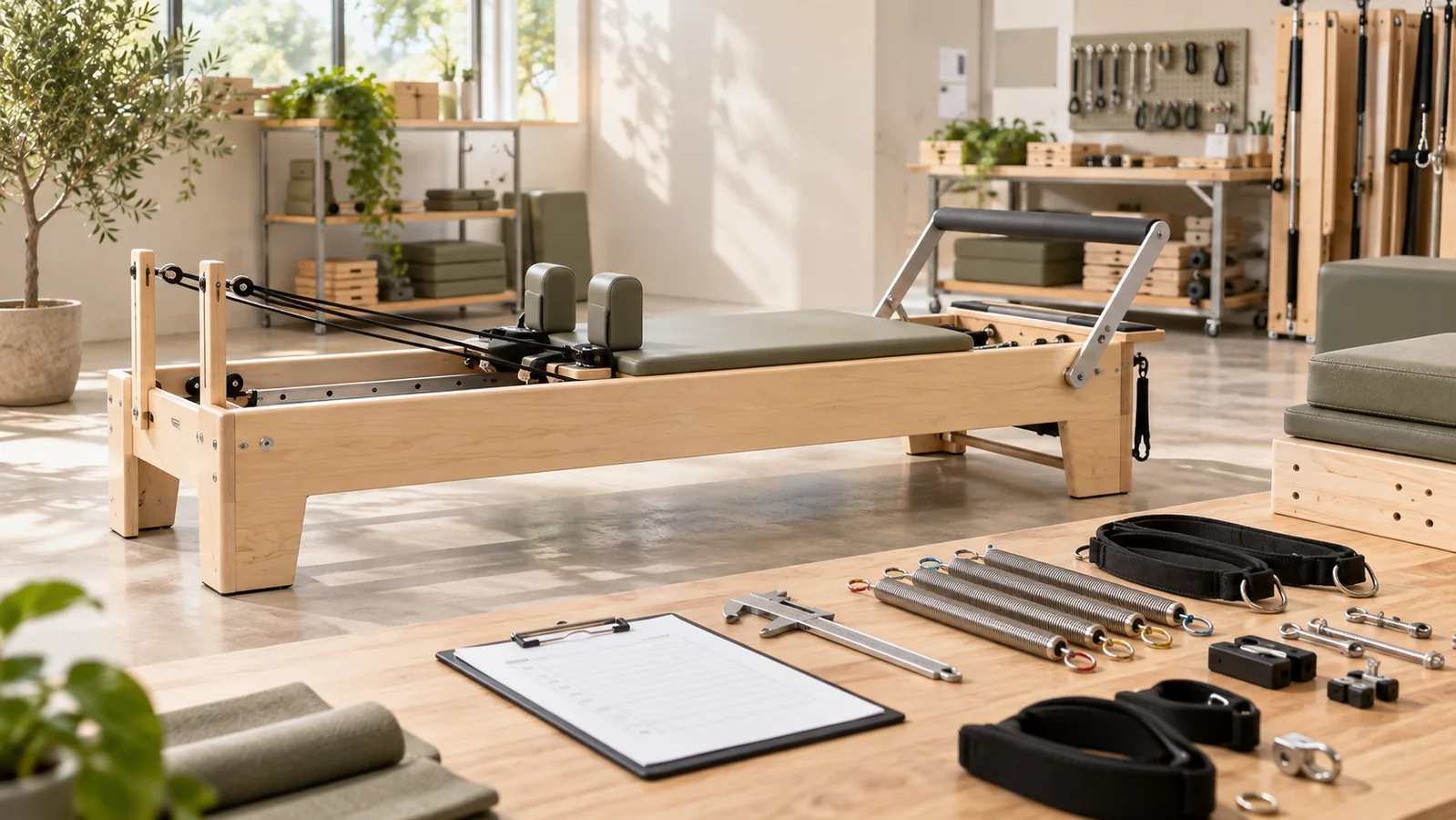 Wooden Pilates reformer and components arranged for OEM equipment supplier quality evaluation.