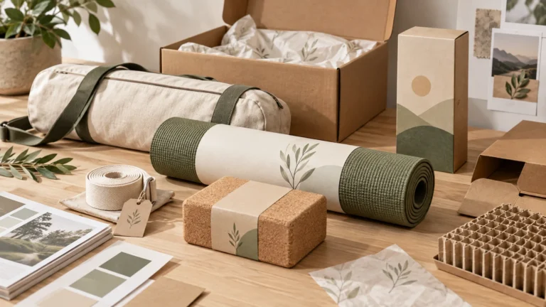 Yoga mat, cork block and strap displayed with recyclable packaging options for private label sampling.