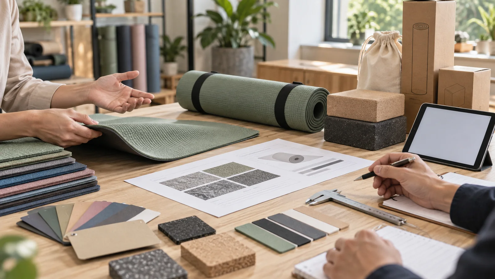 OEM yoga mat sourcing meeting with material samples, specifications and packaging options.