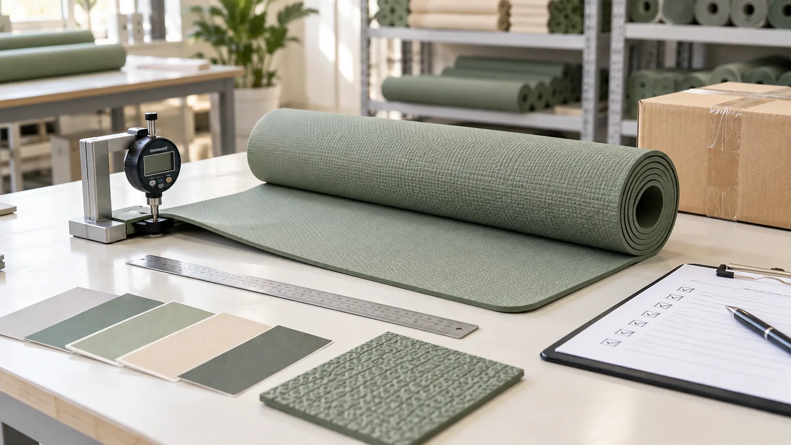 Sage yoga mat inspected with thickness gauge, ruler and color samples before factory shipment.